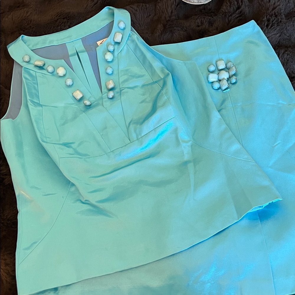 LILLIE RUBIN Vintage Turquoise Satin Two Piece Embellished Luxury Skirt Set Sz 8